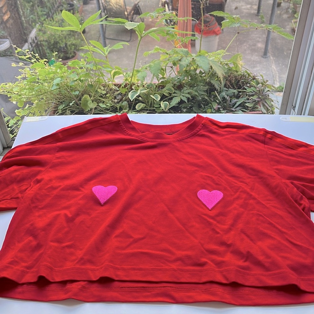 NWT adidas x IVY PARK Red Cotton Crop Top with Pink Heart Graphics